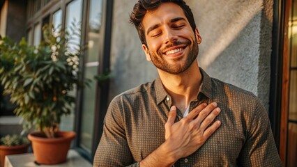 Young Man Expressing Gratitude and Joy with a Heartfelt Smile in a Cozy Indoor Environment Surrounded by Greenery and Natural Light