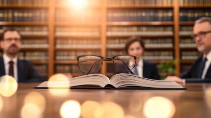 Library meeting with glasses on open book focus