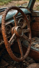 Abandoned tractor with steering wheel close-up.