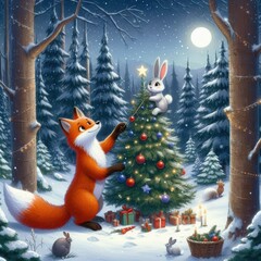 A snowy forest where a fox and a bunny decorate a Christmas tree together