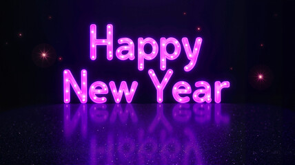Obraz premium Happy New Year pink neon glowing text on a dark reflective surface