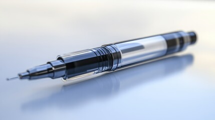 Fototapeta premium Close-up of a transparent pen with black accents on a reflective surface.
