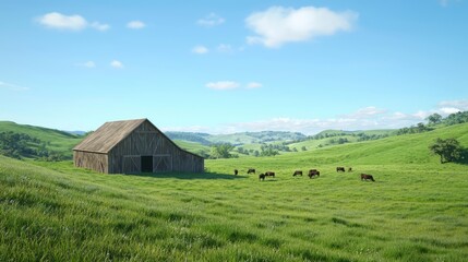 Obraz premium Tranquil Rural Scene - Idyllic Barn with Grazing Cattle and Rolling Hills in Ultra-Detailed Photorealistic Image