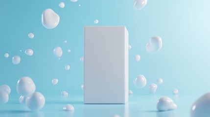 White box mockup surrounded by floating white blobs on a light blue background.