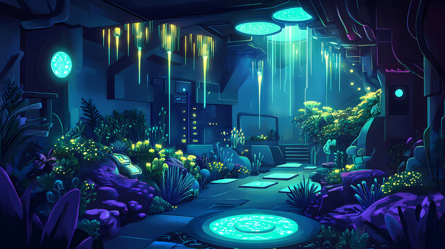 Underground eco-lab, with advanced technology and glowing bioluminescent plants creating an otherworldly environment. glowing bioluminescence. illustration. Otherworldly. Illustration