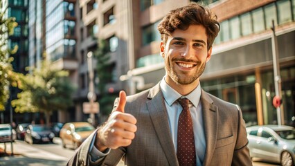 Confident Businessman Giving Thumbs Up in Urban Setting, Wearing Suit and Tie with Cheerful Expression, Surrounded by Cityscape and Modern Architecture