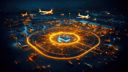 Futuristic airport security infrastructure logistics and connection with flying cargo drones