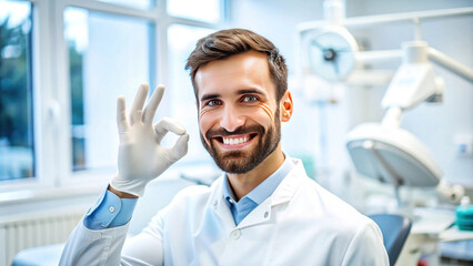 Smiling Male Dentist in White Coat Making Okay Hand Gesture in Modern Dental Clinic with Bright Lighting and Dental Equipment Background