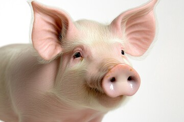 A close-up shot of a pig's face on a white background