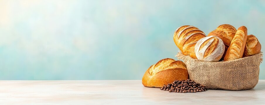 Rustic breadbasket with artisan loaves, a burlap sack of coffee beans, and soft natural lighting