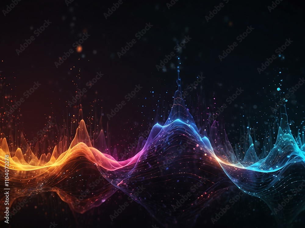 Poster abstract audio wave background with glowing particles.