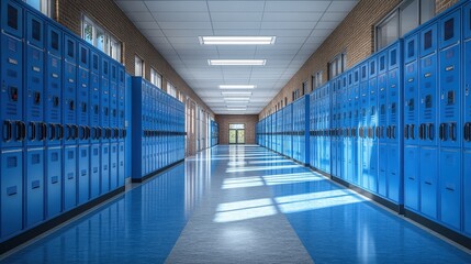Fototapeta premium A school hallway featuring blue lockers and bright lighting.
