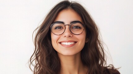 Fototapeta premium Happy Young Woman with Glasses and Wavy Hair Smiling Brightly