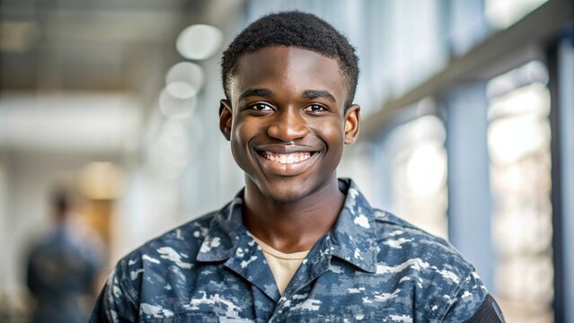 Young male military personnel in uniform smiling confidently in a modern indoor setting, showcasing pride and dedication to service with a vibrant background.