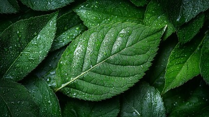 A close-up of green leaves with water droplets, showcasing nature's beauty.