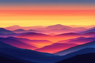 Breathtaking sunset over rolling hills and mountains with vibrant hues of orange, purple, and blue, creating a serene atmosphere.