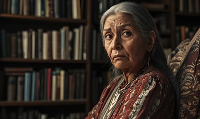 Fototapeta premium Thoughtful Elderly Woman in Cozy Library Setting