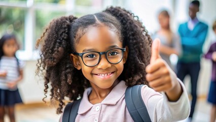 African American girl giving thumbs up gesture in classroom in background displaying encouragement and confidence