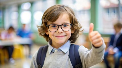 Schoolboy with Glasses Giving Thumbs Up in Classroom Exuding Confidence and Happiness Among Classmates, Elementary Education Concept