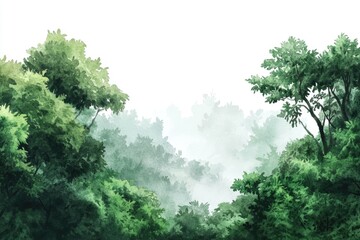 Obraz premium A serene forest landscape depicted in watercolor style, featuring lush greenery and trees