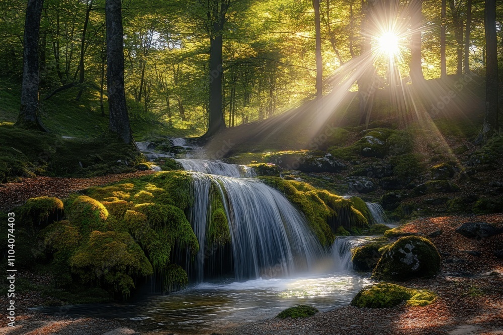 Poster a serene forest scene with a cascading waterfall surrounded by vibrant greenery and sunlight filteri