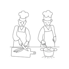 Two cooks cooking. Vector black outline image.
