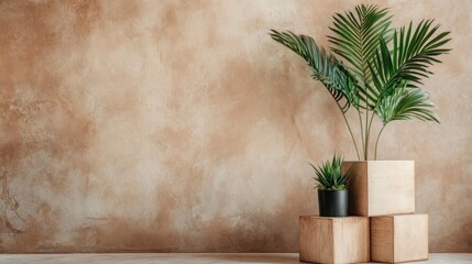 Modern Minimalist Interior with Exotic Green Plants on Wooden Blocks