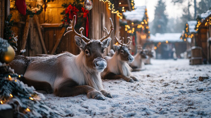 Cozy Reindeer Resting in Snowy Village Scene
