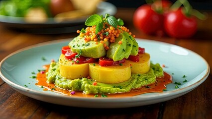 Peruvian causa lime&ntilde;a, layered potato and avocado dish with vibrant colors, set on a festive holiday table