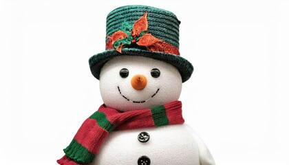 Festive Snowman Decoration with Red and Green Scarf and Top Hat, Smiling Winter Holiday Figurine for Christmas Celebration, Perfect for Seasonal Decor, Greeting Cards, or Gift Wrapping Themes