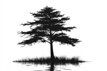 Silhouette of a majestic tree standing alone on a grassy island, reflecting on the calm water surface.