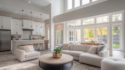 Fototapeta premium Modern living room with open kitchen, large windows, and comfortable seating.