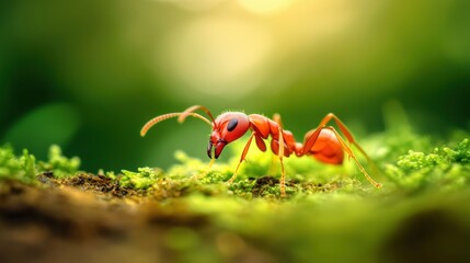 Close-up of a vibrant red ant on green moss, captured in natural sunlight, showcasing intricate details and vivid colors in a serene outdoor setting.