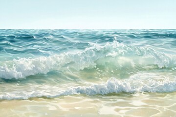 Obraz premium A serene ocean wave gently crashes onto a sandy beach, reflecting the calmness of a clear day.