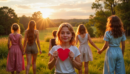 Kid Holding a Heart Symbol at sunset in a field