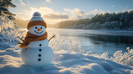 Snowy Landscape with Snowman and Serene Water Scene