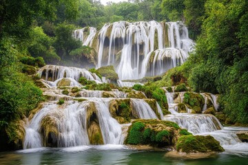 A breathtaking landscape features a cascading waterfall surrounded by lush greenery and tranquil waters.