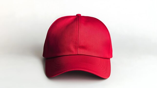 A blank red baseball cap on white surface.