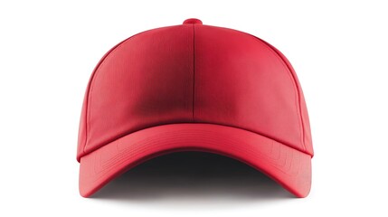 A blank red baseball cap on white surface.