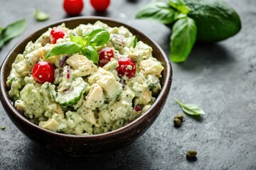 Avocado Tuna Salad with Creamy Basil Dressing in a Boat Shaped Bowl