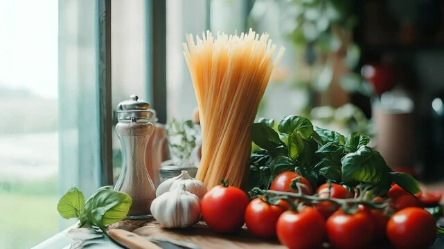 A Culinary Still Life Featuring Fresh Ingredients: Tomatoes, Garlic, and Spaghetti for Authentic Italian Cooking