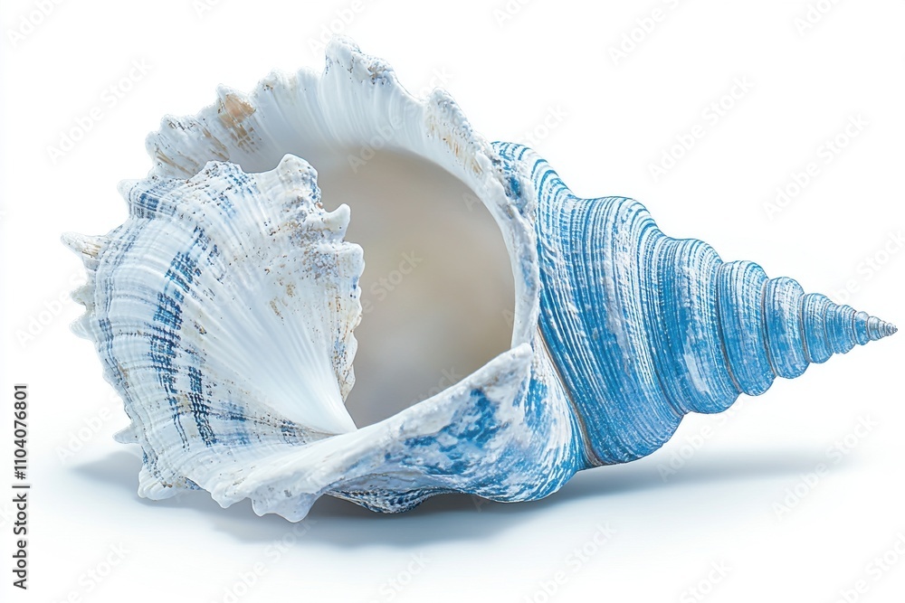 Poster close-up of a beautiful blue and white seashell showcasing intricate patterns and textures.