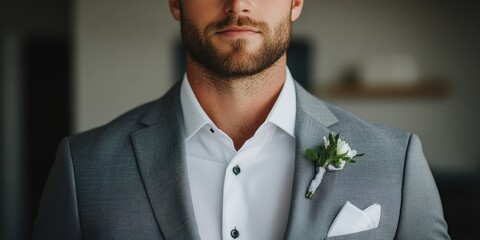 A man dressed in a stylish grey suit, accented with a boutonniere, exuding confidence and elegance, prepared for a significant occasion, such as a wedding.