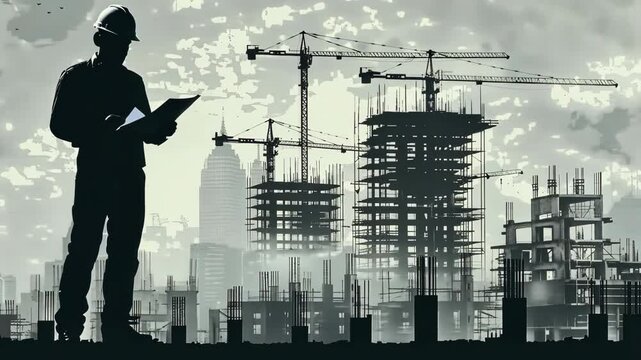 Construction site activity with worker assessing project progress amidst skyline
