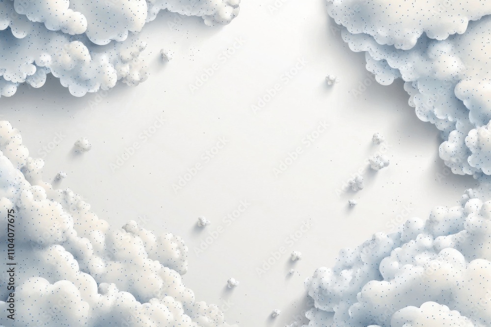 Poster a serene overhead view of fluffy gray clouds against a soft white backdrop, creating a calming atmos