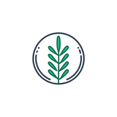 Green sprig in circle. Simple plant emblem, symbolizes growth, nature, and new beginnings. Eco-friendly design.