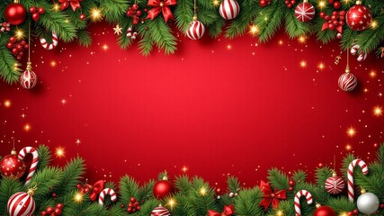 Beautiful merry christmas background with christmas tree and balls realistic happy new year red background