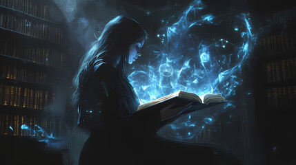 Ethereal sorceress reading ancient tome swirling magical runes ghostly apparitions emerging from pages dark fantasy library setting otherworldly glow. Otherworldly. Illustration