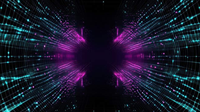 A futuristic design with glowing, intersecting gridlines in electric shades of cyan, magenta, and lime green. The dynamic composition suggests energy and innovation, with vibrant digital flow.