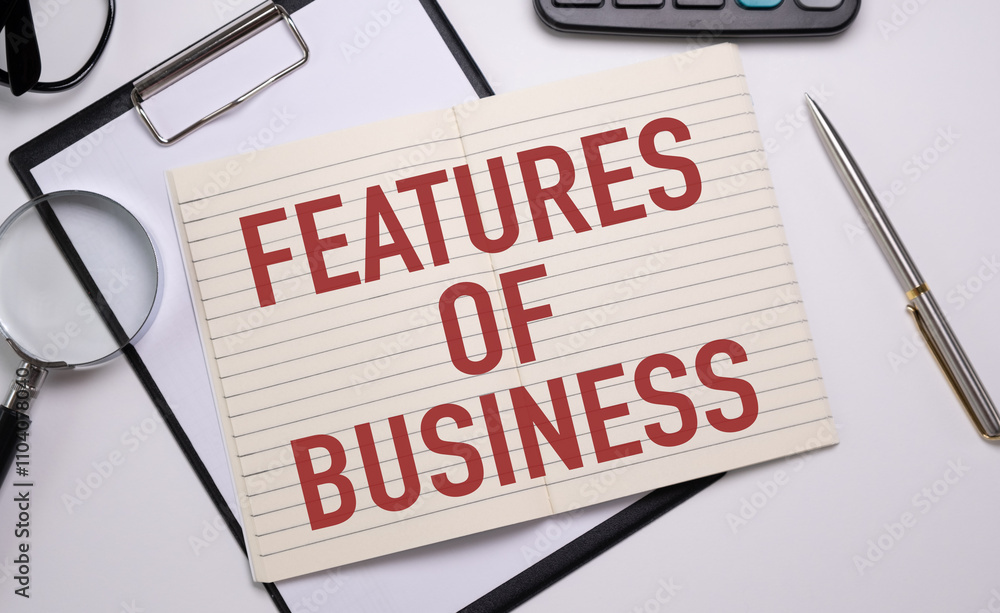 Poster calculator with notebook with text feature of business